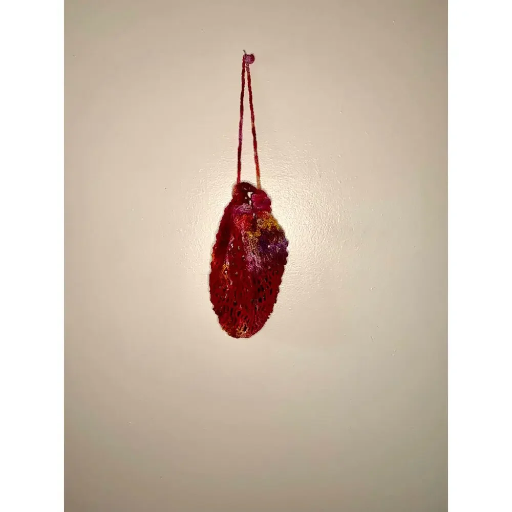 Vintage Crochet Drawstring Bag Hand Dyed Red Orange Purple Boho Mesh Fruit Sack